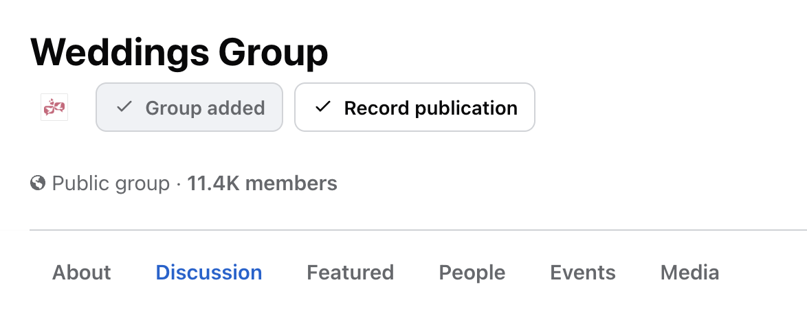 Weddings Group page showing the Group added and Record publication buttons.