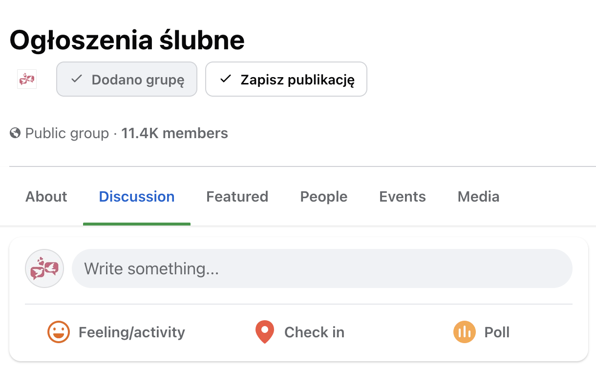 Strona grupy Ogłoszenia ślubne na Facebooku z przyciskami Dodano grupę i Zapisz publikację.
