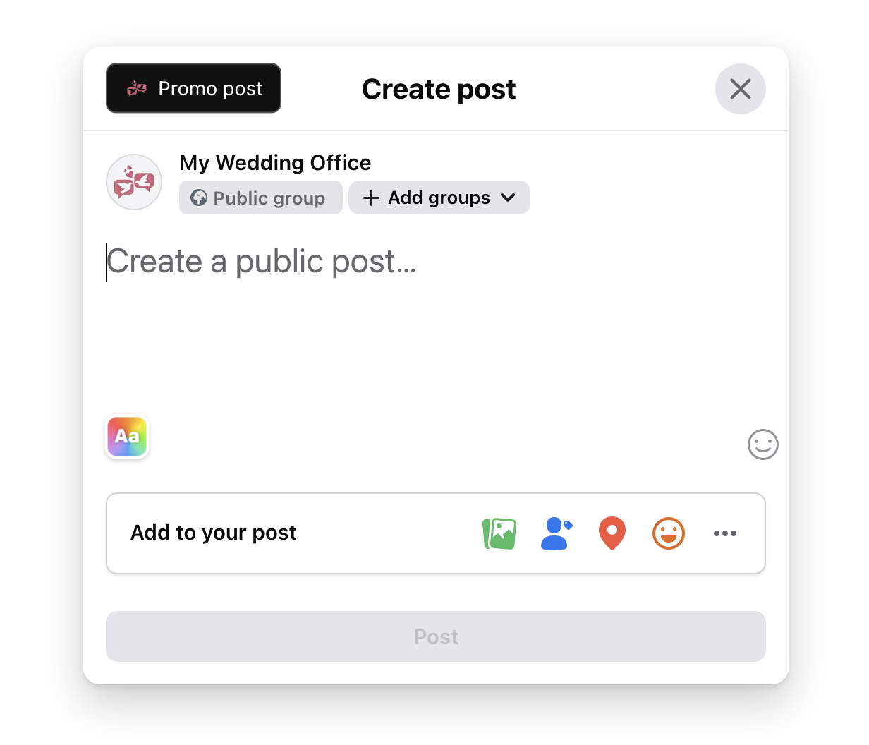 Edytor posta na Facebooku z przyciskiem szablonu Promo post.