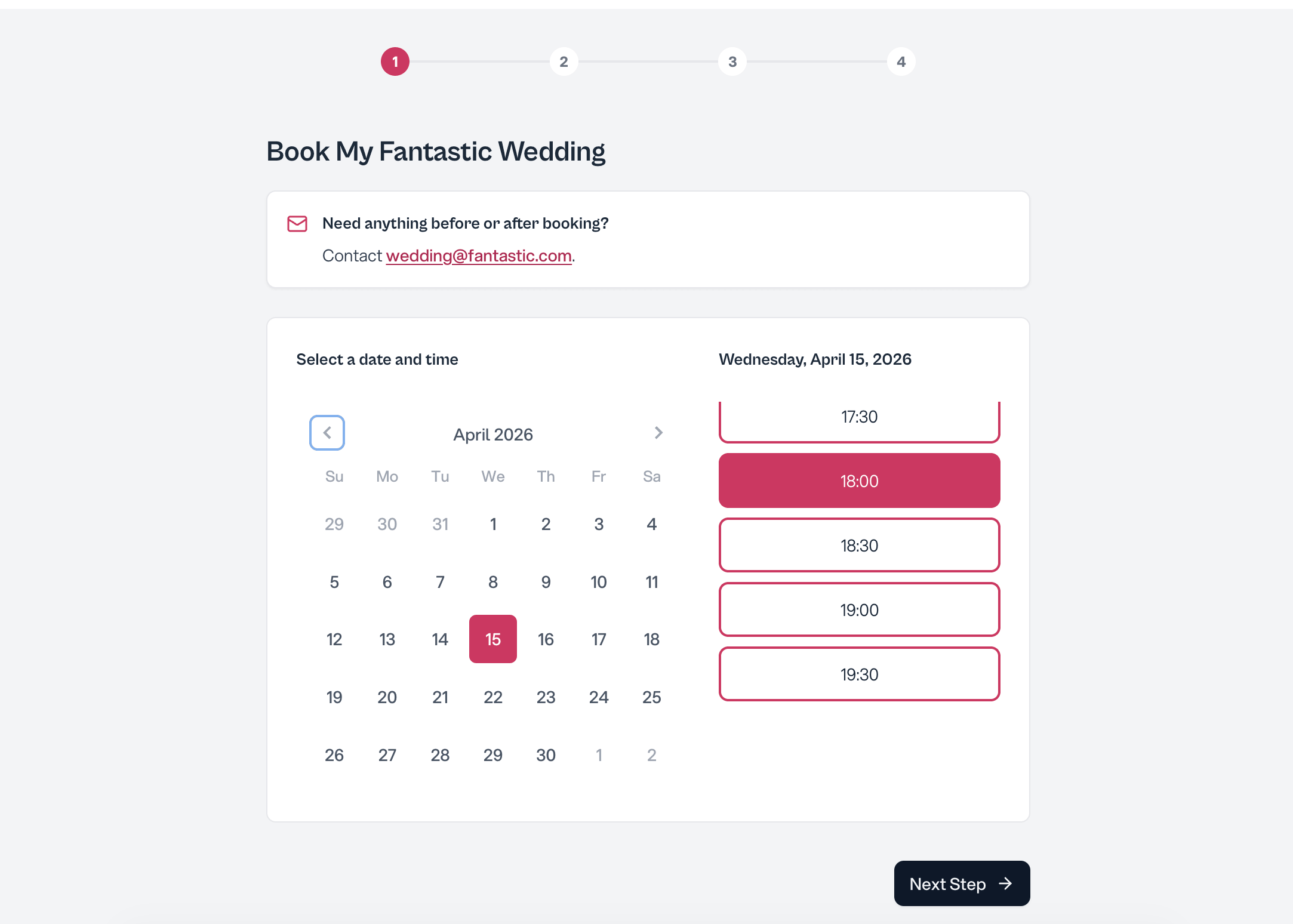 Booking page that organizes a couple’s first inquiry