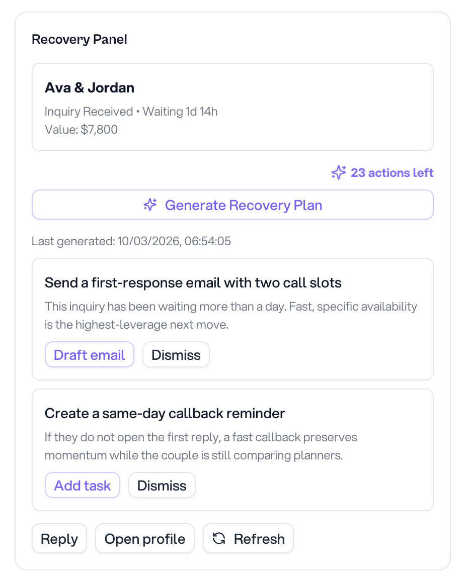 Booking recovery workspace showing critical leads from inquiry through confirmed
