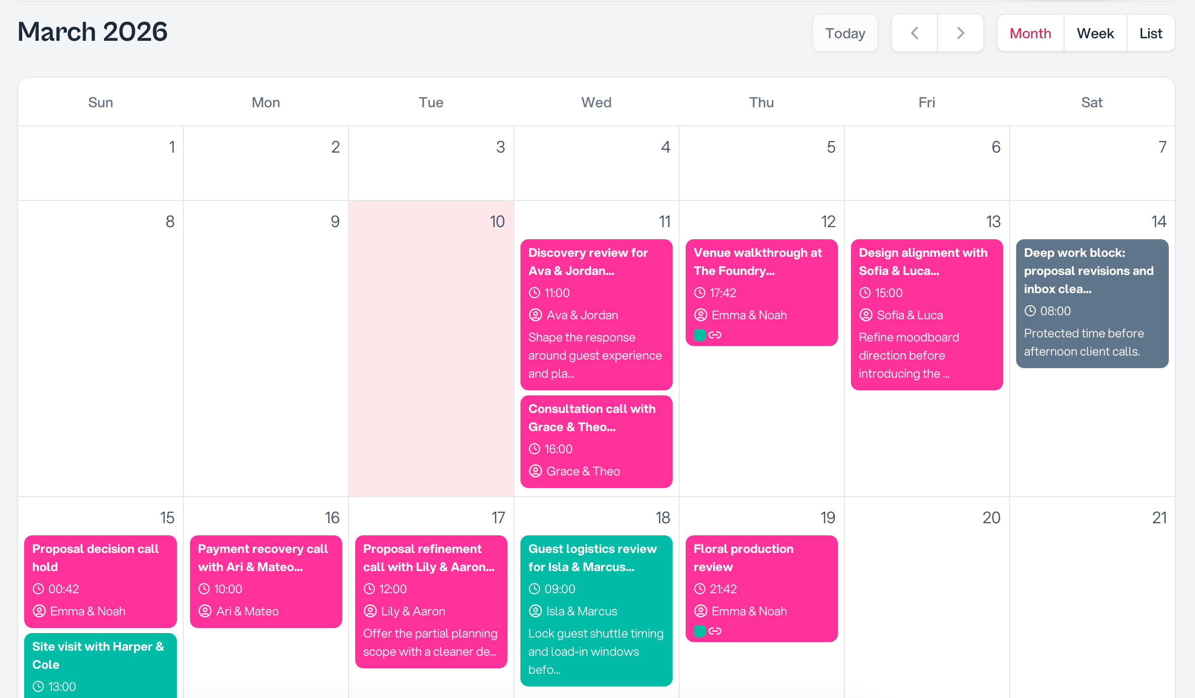 Calendar view showing wedding dates, meetings, and availability context