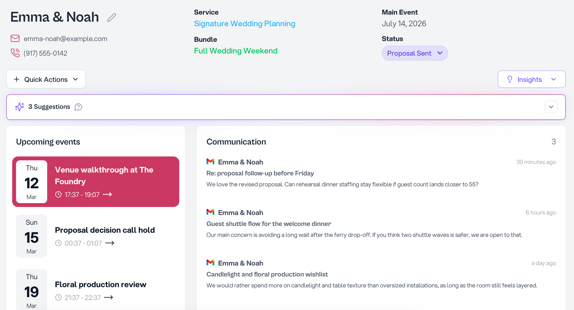 Client page with relationship timeline, notes, documents, and quick actions