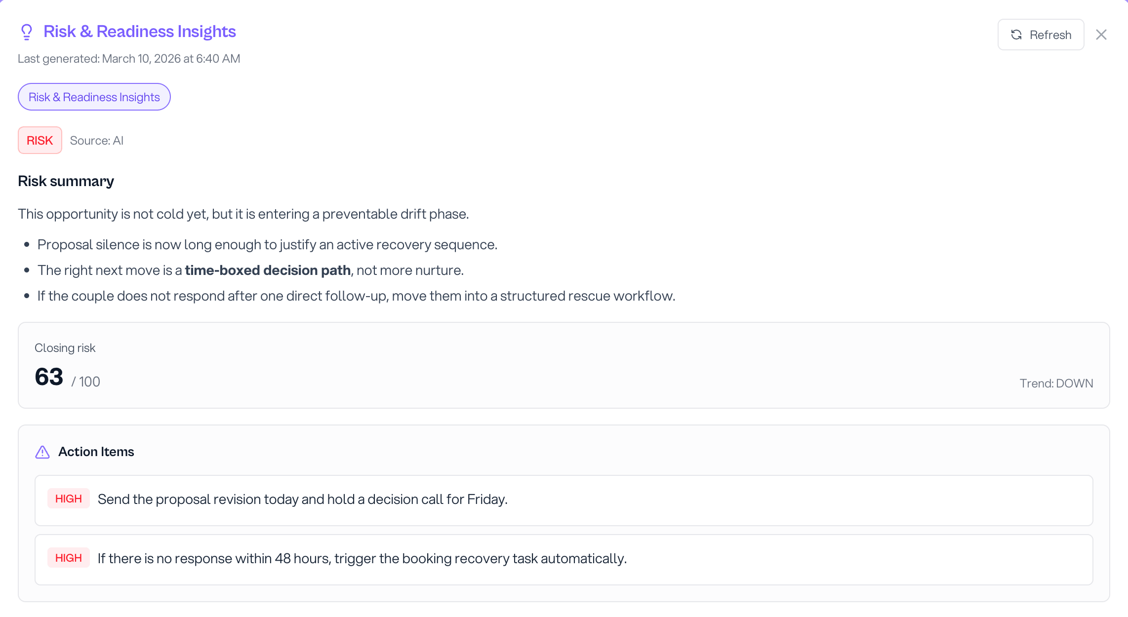Insights view surfacing next actions, package readiness, and scheduling context