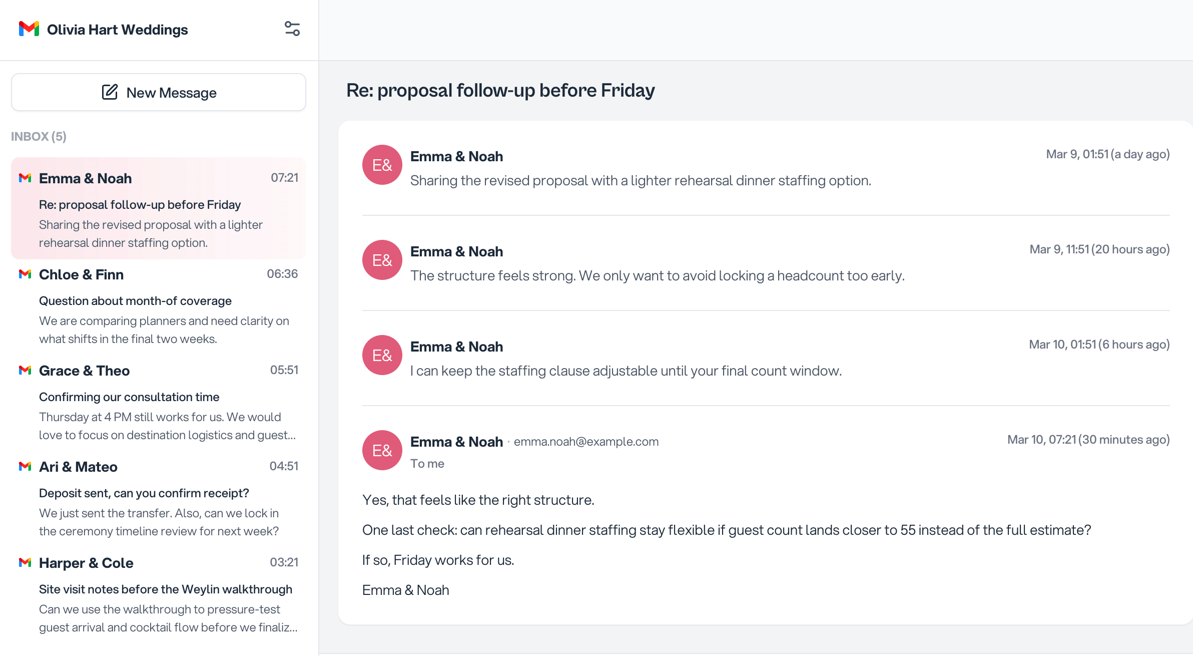 Mail client with recent threads next to the couple record and workflow context