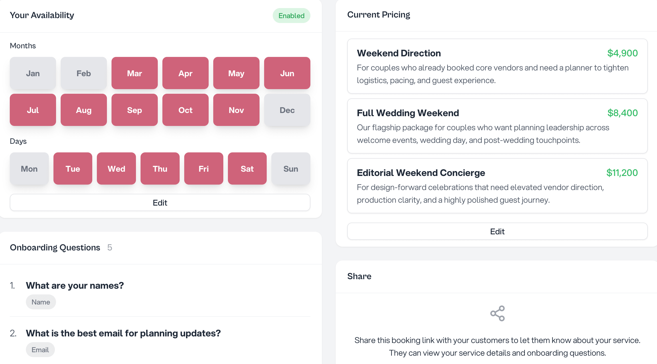 Wedding service page setup with packages, pricing, availability, and inquiry flow