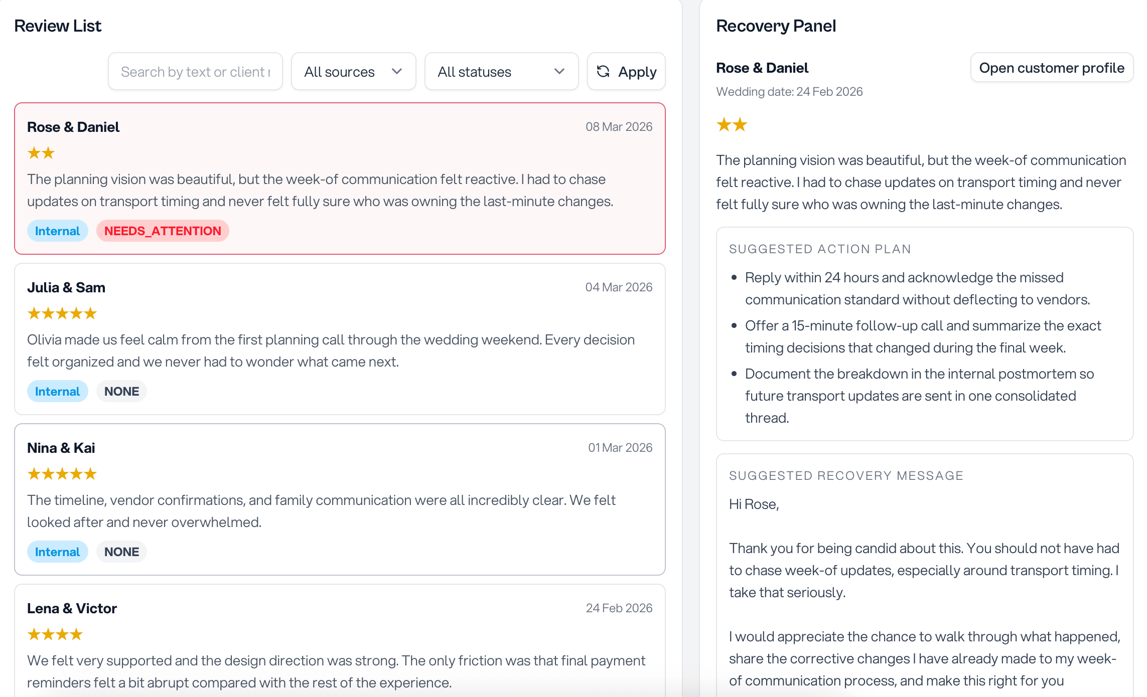 Reviews workspace for review requests, public review routing, and review recovery