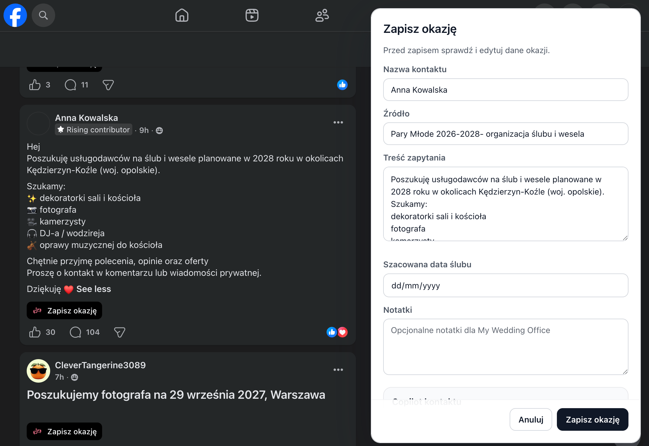 Rozszerzenie Chrome zapisujące zapytanie z Facebooka do My Wedding Office